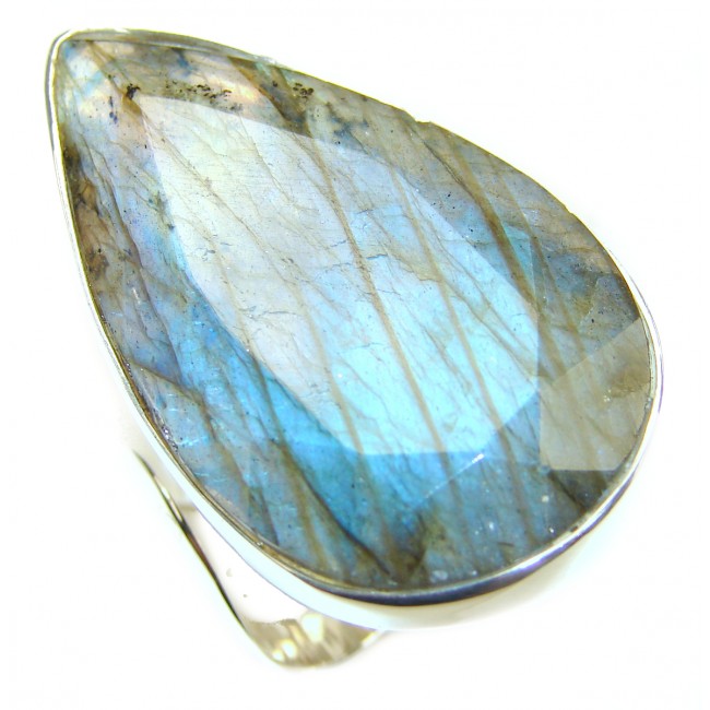 Mesmerizing faceted Fire Labradorite .925 Sterling Silver Bali handmade ring size 7 adjustable