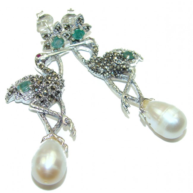 Magestic Herons Genuine Pearl Emerald .925 Sterling Silver earrings