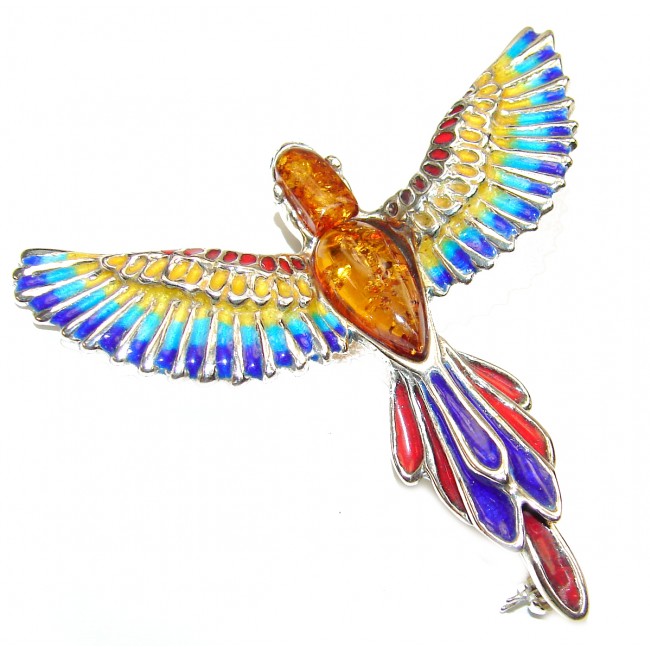 Spectacular Flying Colorful Bird Amber .925 Sterling Silver handmade Brooch Pendant