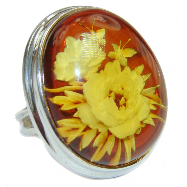 Beautiful Authentic carved Baltic Amber .925 Sterling Silver handcrafted Large ring; s. 7 adjustable