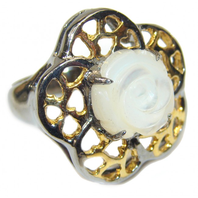 White Flower Blister Pearl black rhodium over .925 Sterling Silver handmade ring size 7 3/4