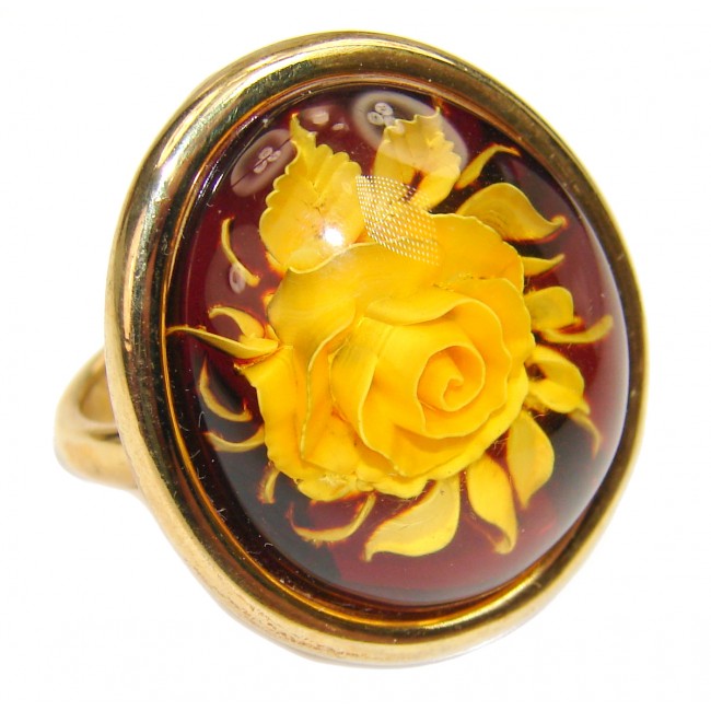 Golden Rose Authentic carved Baltic Amber 14K Gold over .925 Sterling Silver handcrafted Large ring; s. 6 1/4
