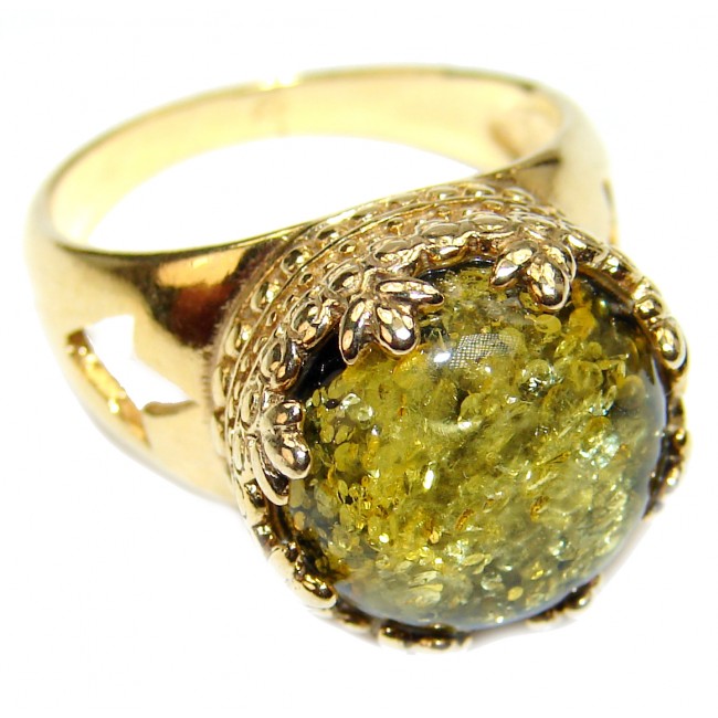 Authentic Green Baltic Amber 14K Gold over .925 Sterling Silver handcrafted ring; s. 8 3/4