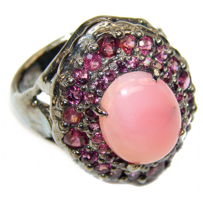 Pink Opal Garnet black rhodium over .925 Sterling Silver handcrafted ring size 9