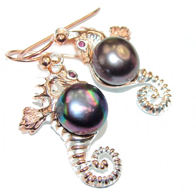 SEAHORSE Style genuine Pearl 18K Gold over .925 Sterling Silver earrings