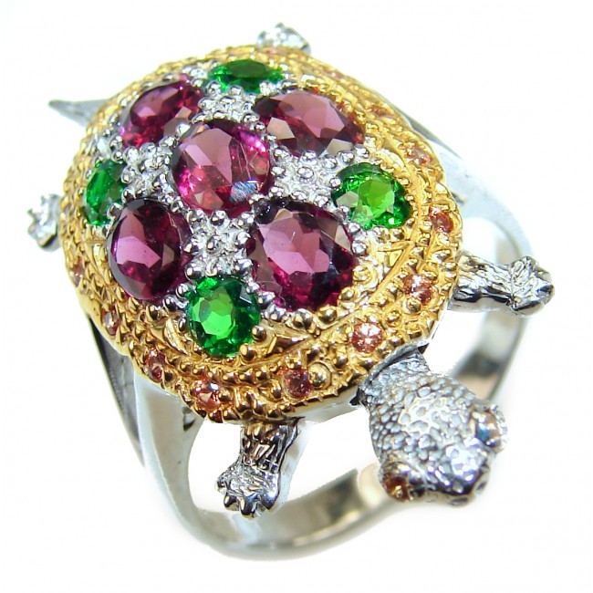 Good health and Long life Turtle 18ctw Genuine Garnet 24K Gold over .925 Sterling Silver handmade Ring size 8 1/4