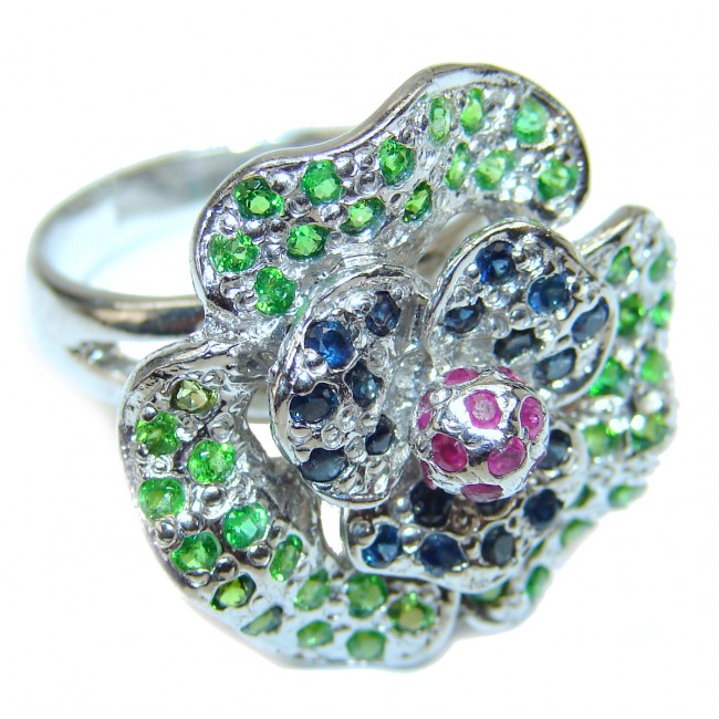 Genuine Ruby Sapphire Emerald .925 Sterling Silver handmade Cocktail Ring s. 8