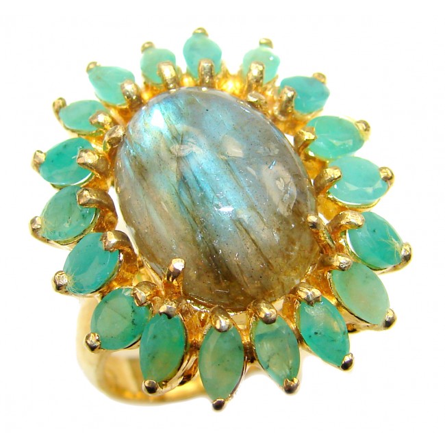 Mesmerizing Fire Labradorite Emerald 14K Gold over .925 Sterling Silver Bali handmade ring size 8 1/2