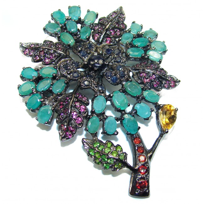Magic Tree Emerald Ruby Black rhodium over .925 Sterling Silver handmade Pendant Brooch