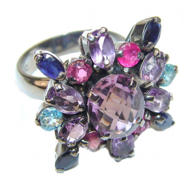 Authentic African Amethyst Tourmaline black rhodium over .925 Sterling Silver Ring size 8