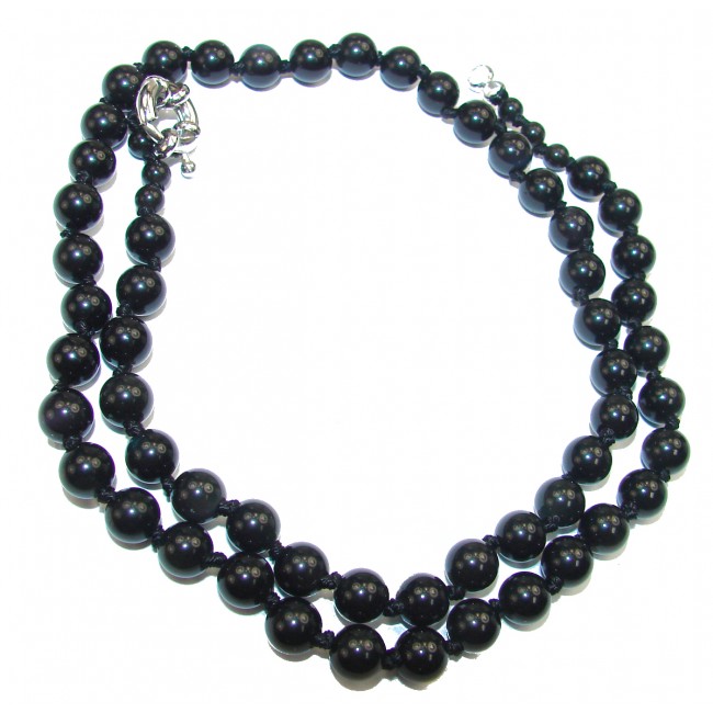 Simple genuine Onyx Beads Strand Necklace .925 Sterling Silver 18 inches necklace