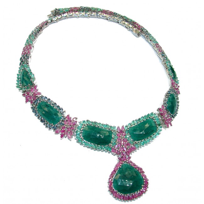 Green Queen Huge authentic Emerald Ruby .925 Sterling Silver handcrafted necklace