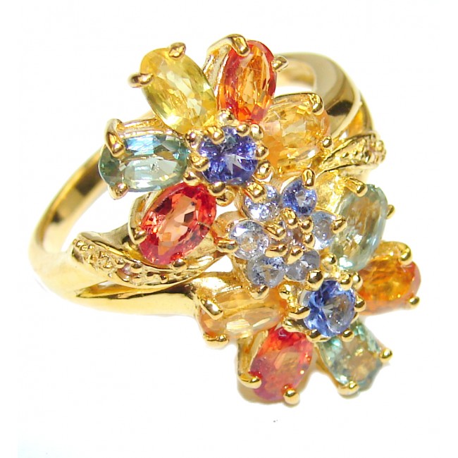 Genuine multicolor Sapphire 18K Gold over .925 Sterling Silver handcrafted Statement Ring size 8