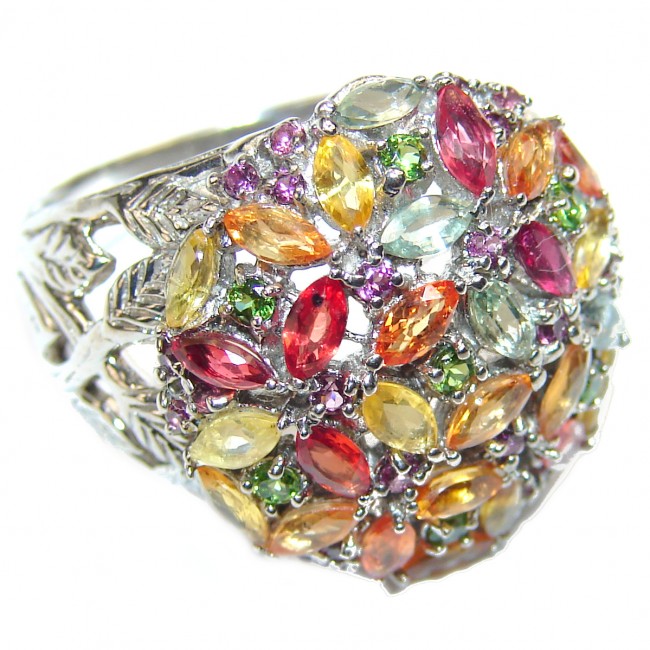 Genuine multicolor Sapphire .925 Sterling Silver handcrafted Statement Ring size 8