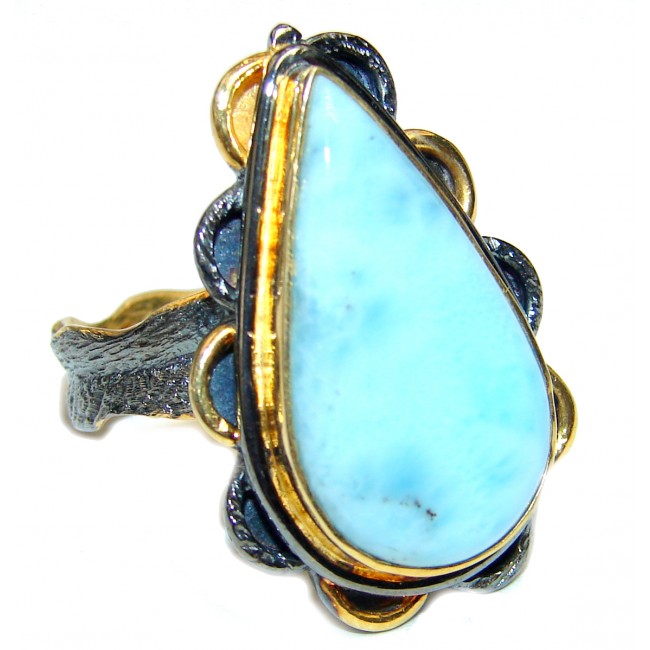 Natural Larimar 2TONES .925 Sterling Silver handcrafted Ring s. 8