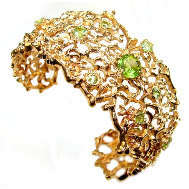 Luxury genuine Peridot 18K Gold over .925 Sterling Silver handcrafted Bracelet / Cuff
