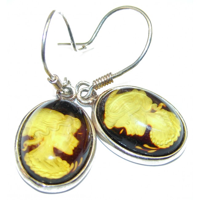 Back in time Genuine carved Baltic Polish Amber Sterling Silver handmade Cameo Earrings