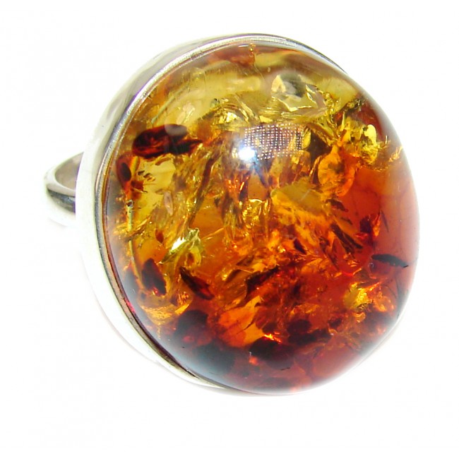 Authentic Baltic Amber .925 Sterling Silver handcrafted HUGE ring; s. 9 adjustable