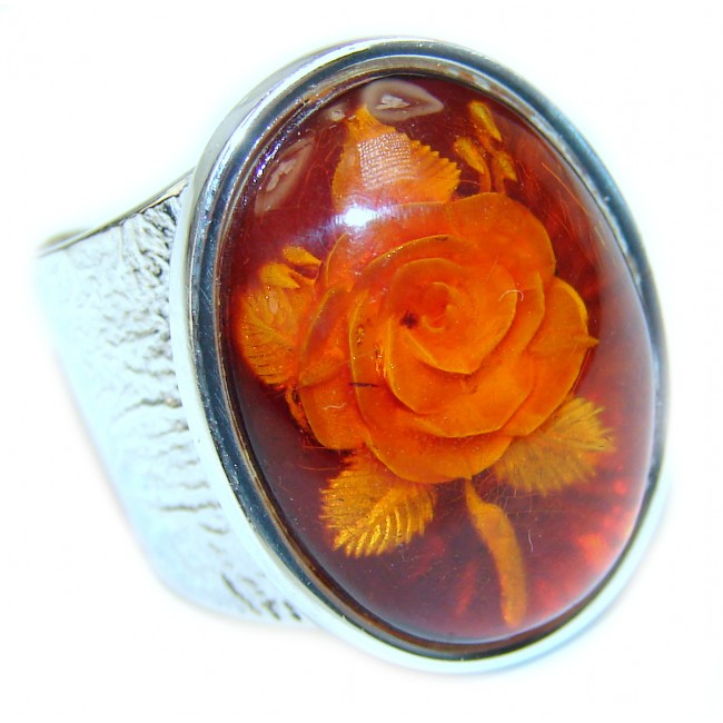 Beautiful Authentic carved Baltic Amber .925 Sterling Silver handcrafted ring; s. 7 adjustable