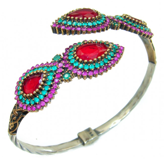 Victorian Style Ruby & Emerlad .925 Sterling Silver Bracelet / Cuff