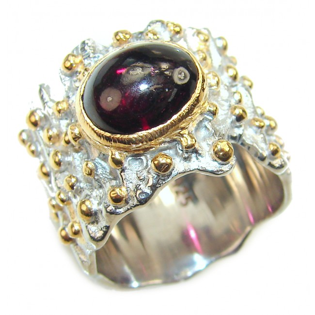 Authentic Garnet two tones .925 Sterling Silver handmade Ring s. 6 1/2