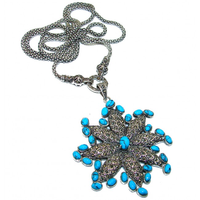 MASSIVE Genuine Turquoise Marcasite .925 Sterling Silver handmade handcrafted Necklace