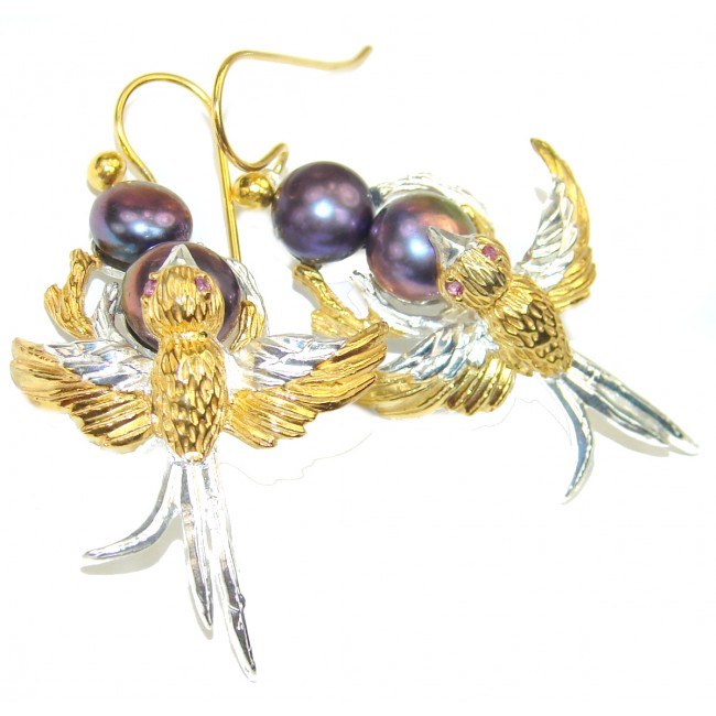 Birds Genuine Pearls .925 Sterling Silver handcrafted Earrings