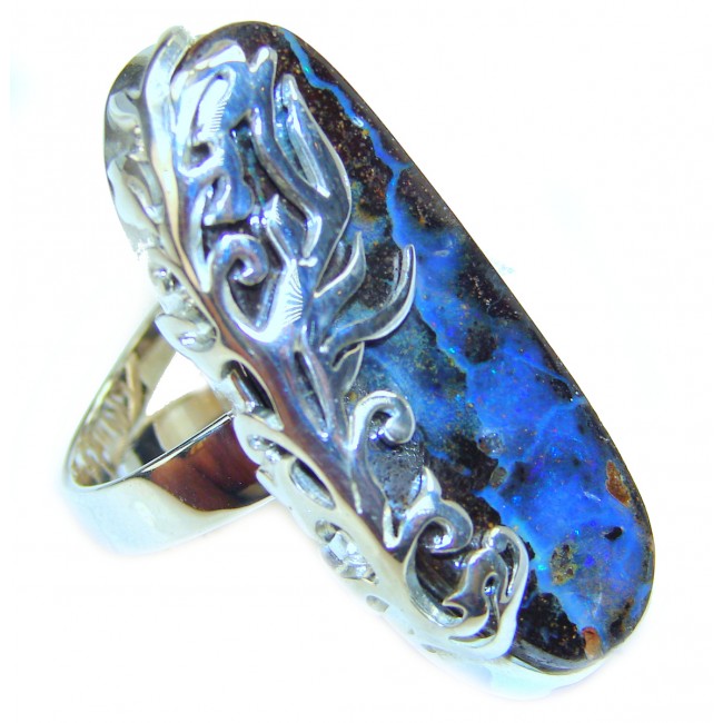 Incredible Australian Boulder Opal .925 Sterling Silver handcrafted ring size 8 adjustable