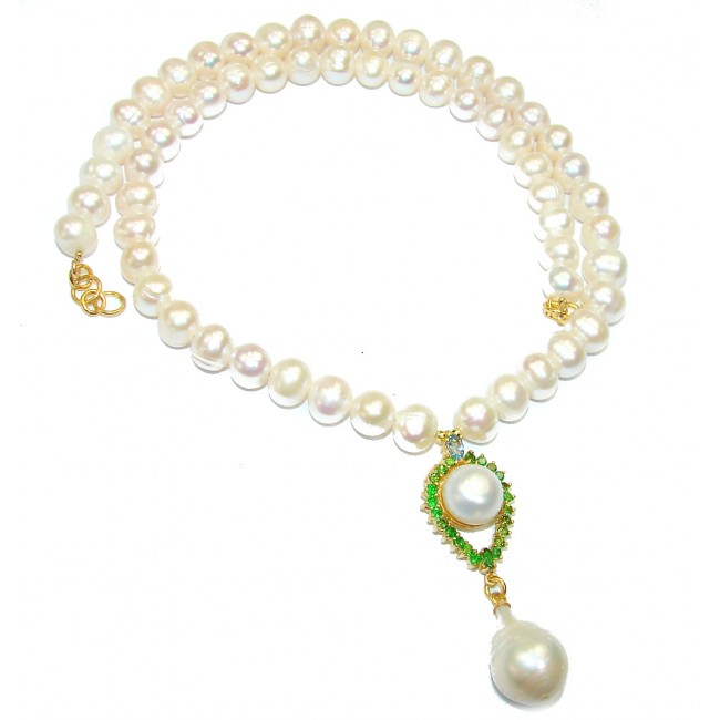 Tsarists heirloom Pearl & Emerald 14K Gold over .925 Sterling Silver handmade Necklace