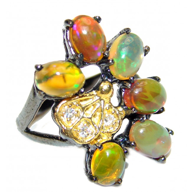 Golden Beauty Mexican Opal black rhodium over .925 Sterling Silver handcrafted Ring size 7 3/4