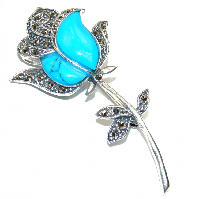 Spectacular Blue Rose Turquoise .925 Sterling Silver handmade Brooch