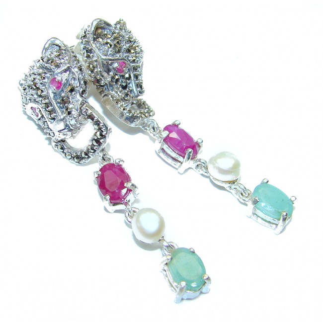 Panthere Precious genuine Ruby Pearl .925 Sterling Silver earrings
