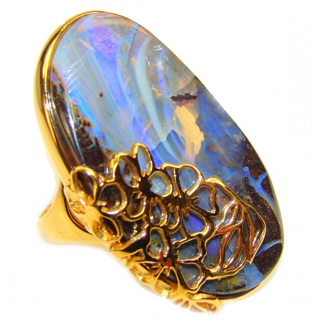 BELIZE FLASH Australian Boulder Opal 18K Gold over .925 Sterling Silver handcrafted ring size 8 3/4