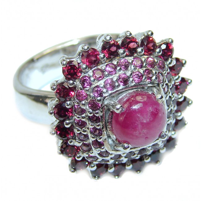 Large Genuine Ruby black rhodium over .925 Sterling Silver handmade Cocktail Ring s. 8