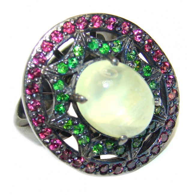 Earth Treasure Natural Prehnite black rhodium over .925 Sterling Silver handmade ring s. 7 3/4