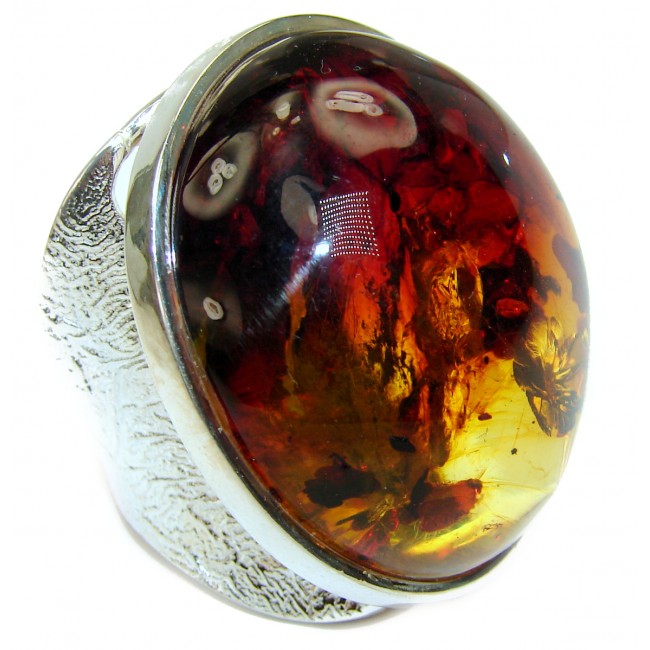 Huge Authentic Baltic Amber .925 Sterling Silver handcrafted HUGE ring; s. 7 adjustable