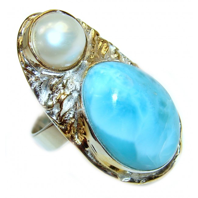 Natural Larimar Pearl .925 Sterling Silver handcrafted Ring s. 8 adjustable