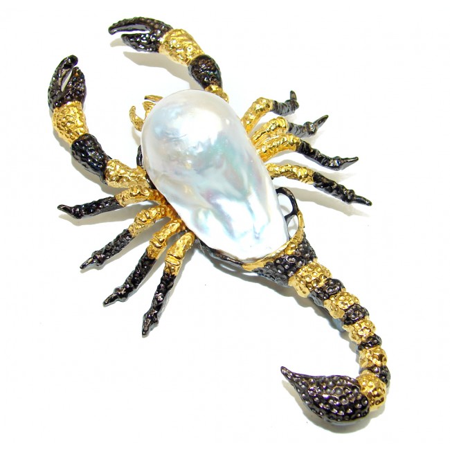 Large Scorpio Design Genuine Mother of pearl 14K Gold .925 Sterling Silver handmade Brooch