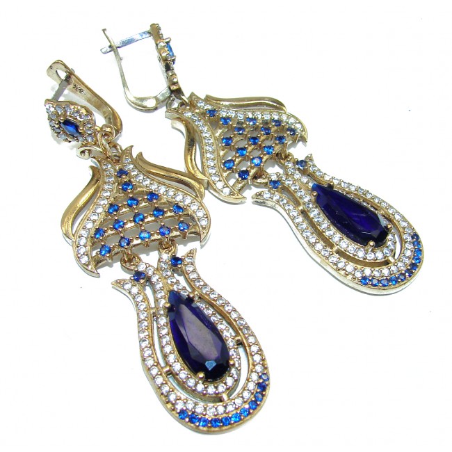 Incredible victorian style created Sapphire .925 Sterling Silver HUGE earrings
