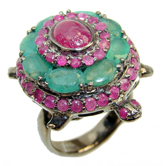 Good health and Long life Turtle Genuine Ruby Emerald .925 Sterling Silver handmade HUGE Ring size 9 1/2