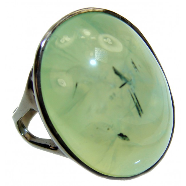 Huge Real Treasure Natural Prehnite black rhodium over .925 Sterling Silver handmade ring s. 9 1/4