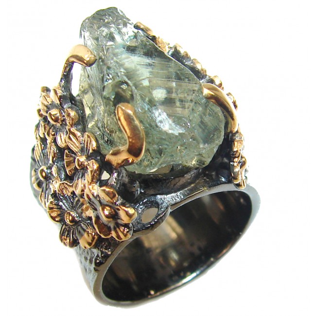 Huge Natural Rough Green Amethyst 14K Gold over .925 Sterling Silver handmade Statement Ring s. 6 1/4