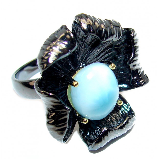 Natural Larimar black rhodium over .925 Sterling Silver handcrafted Ring s. 8