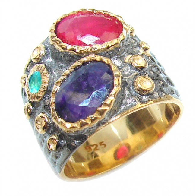 Red Ruby 18K Gold over .925 Sterling Silver handmade Cocktail Ring s. 5 1/2