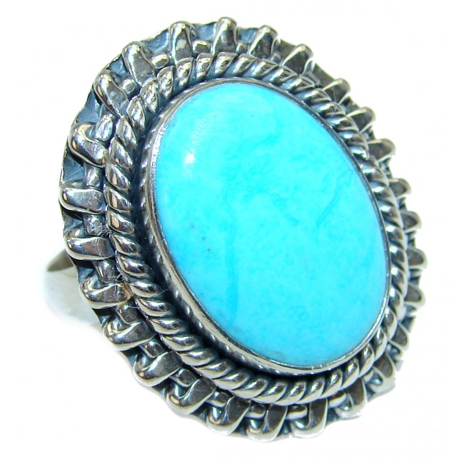 Authentic large Turquoise .925 Sterling Silver ring; s. 8 adjustable