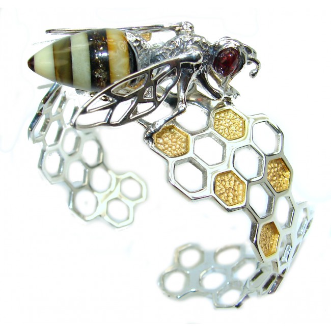 Real Masterpiece Honey Bee Polish Amber Two Tones .925 Sterling Silver HANDCRAFTED Bracelet / Cuff
