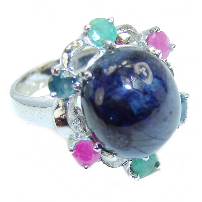 Royal quality unique Blue Star Sapphire .925 Sterling Silver handcrafted Ring size 7 1/4
