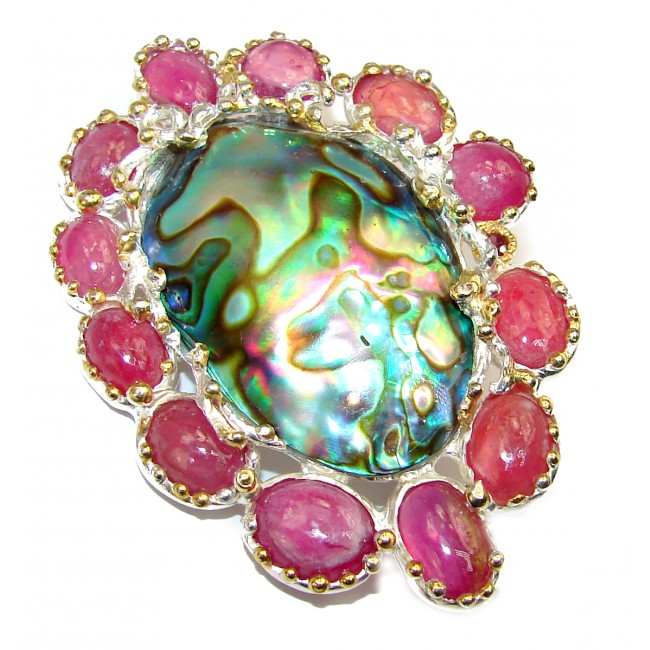 Natural Rainbow Abalone Ruby .925 Sterling Silver handmade Pendant Brooch