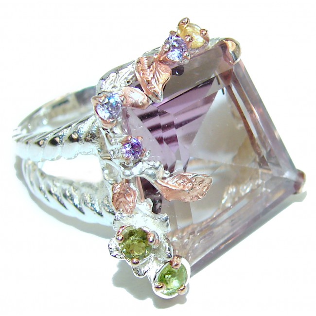 Floral Design Incredible Ametrine 2 tones .925 Sterling Silver handcrafted Ring s. 8 3/4