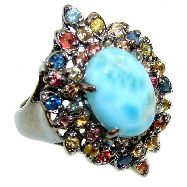 13.6 carat Larimar Sapphire black rhodium over .925 Sterling Silver handcrafted Ring s. 9